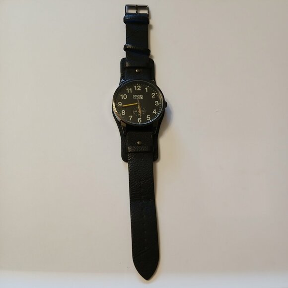Cruise Club Men's Black Round Dial Wide Strap Faux Leather Band Watch - Picture 1 of 14